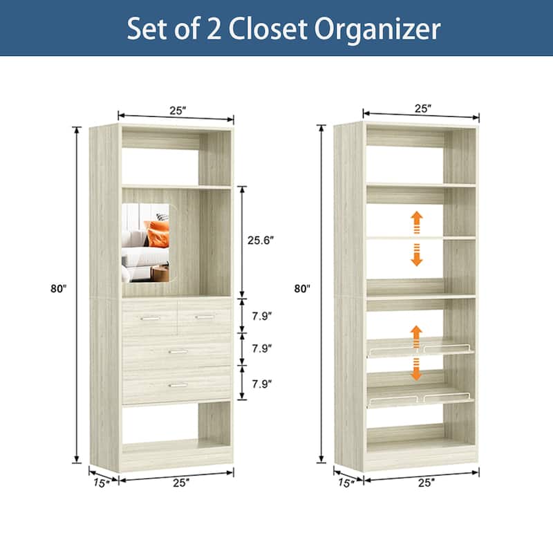 Cimly Set of 2 Freestanding Closet System, 50'' Closet Organizer with Drawers and Shoe Racks for Reach-in/ Walk-in Closet