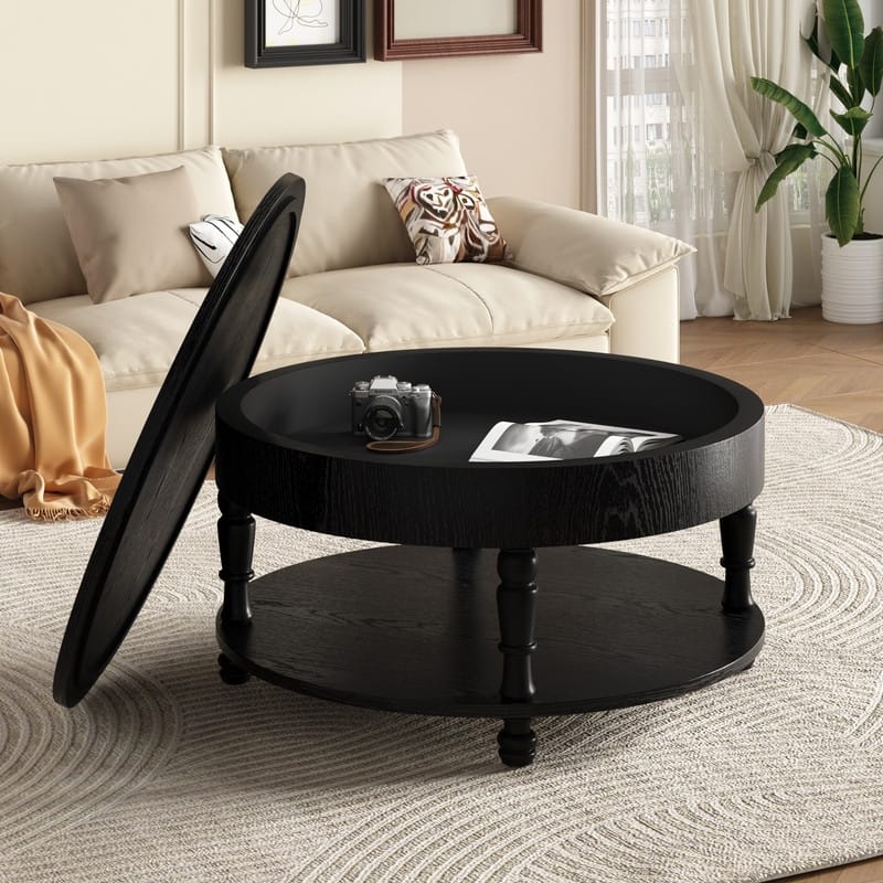 Modern Round Coffee Table with Dual Storage and Flip-Top Design for Living Room Organization