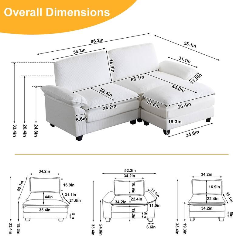 120 in. W Pillow Top Arm Double-Layer Cushion Cloud Sofa Couch