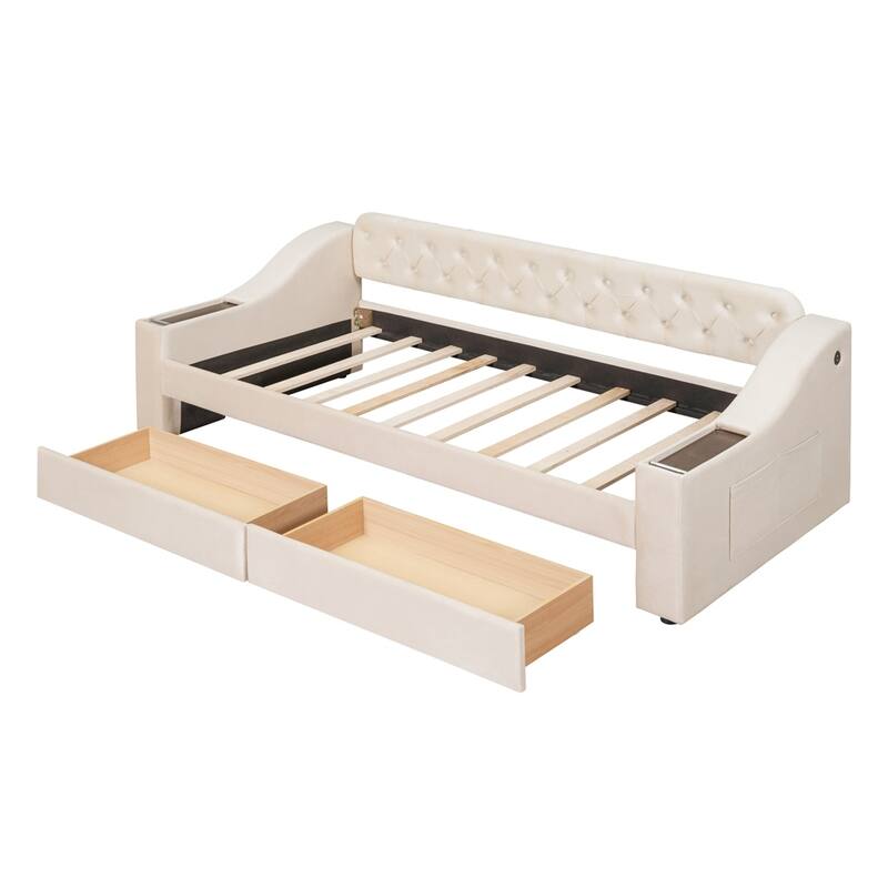 Twin Size Velvet Upholstered Daybed with Storage Armrests and USB Port