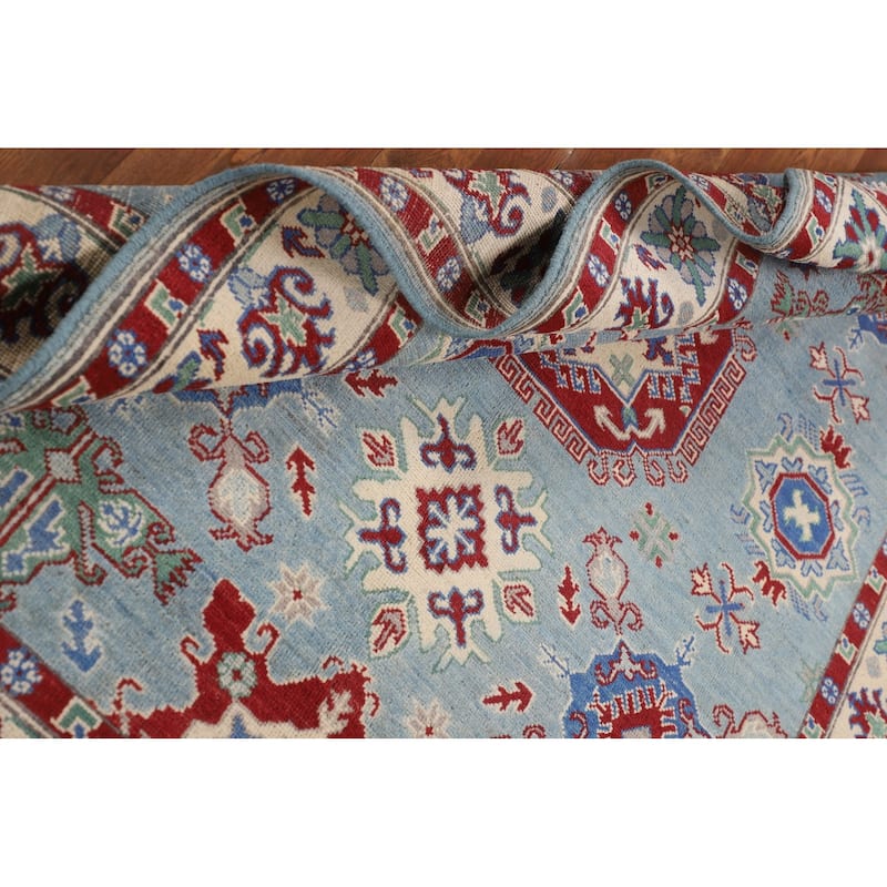 Light Blue Geometric Kazak Rug Handmade Wool Carpet - 4'11" x 6'6"