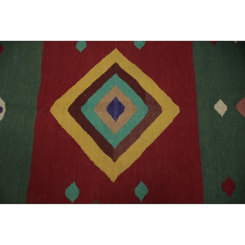 Hand Woven Oriental 100% Wool Carpet Southwestern Modern Green Kilim Area Rug - 11' 11'' X 5' 0''