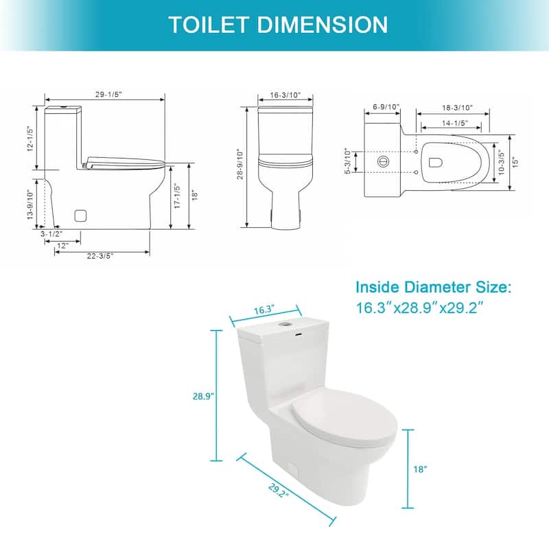 1-piece 1.6 GPF Dual Flush Elongated Toilet in White Seat Included - 30" x 16" x 29"