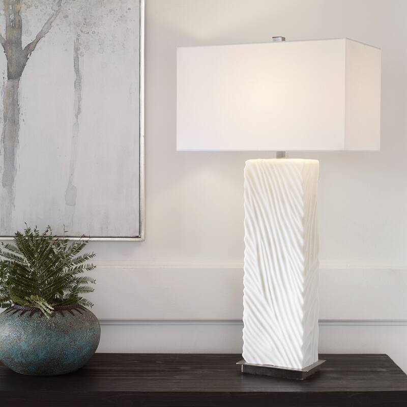 Carved Base Table Lamp with Rectangular Drum Shade - 32" - Cream