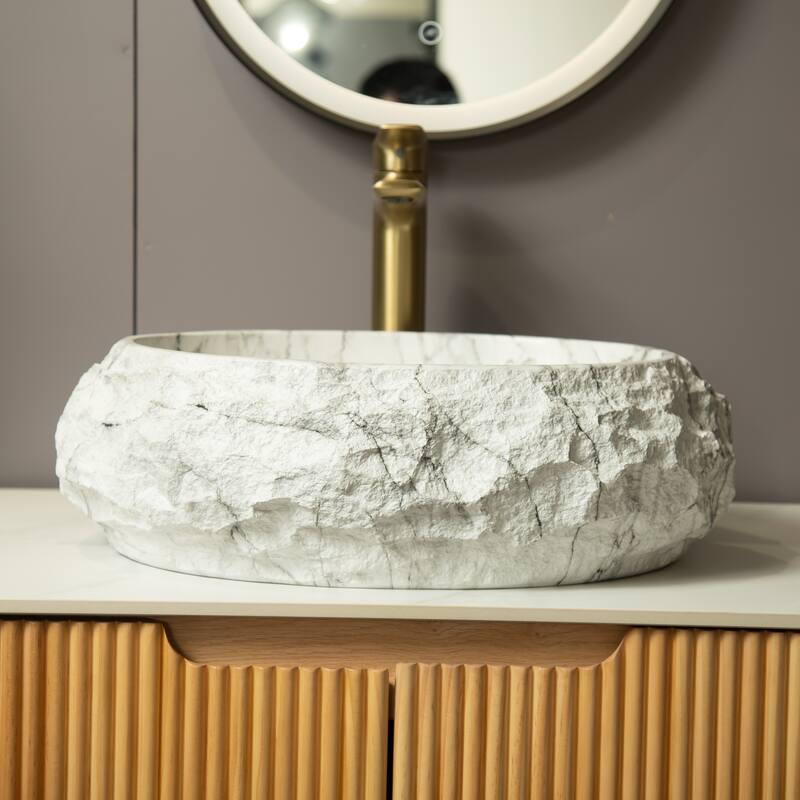 18" Bathroom Sink, Irregular Oval Resin Vessel Basin with Stone Pattern, Artistic Style Sink, NO Faucet