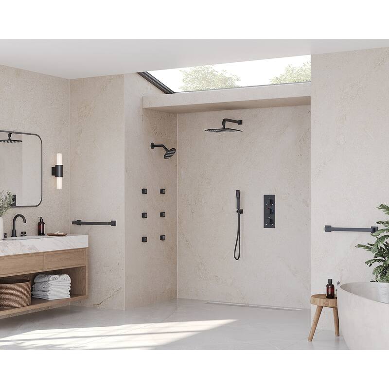 GRANDJOY 12" Wall Mounted Shower System Dual Shower Heads with 6 Body Jets