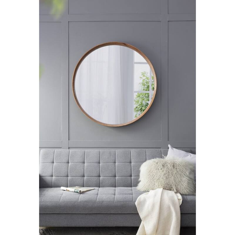 Round Pine Wooden Wall Mirror - 39.5" - Brown