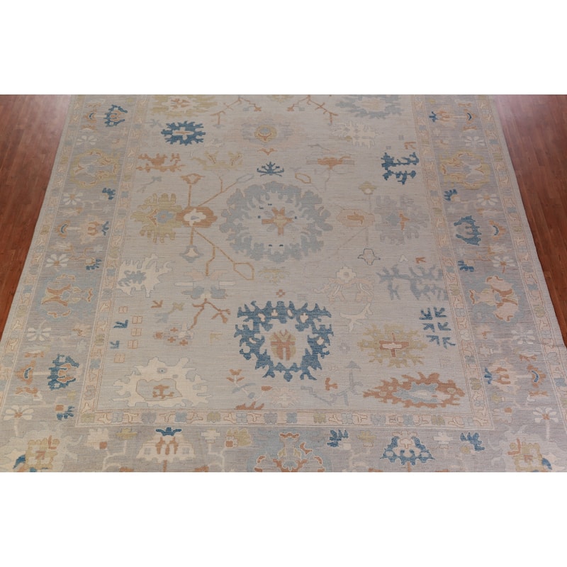 Vegetable Dye Oushak Turkish Rug Hand-Knotted Beige Wool Carpet - 12'6" x 14'9"