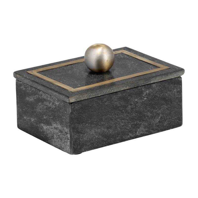 Decorative Box Marble Stone Metal Brass Modern Storage Container with Removable Lid - 7" x 5" x 5" - Black