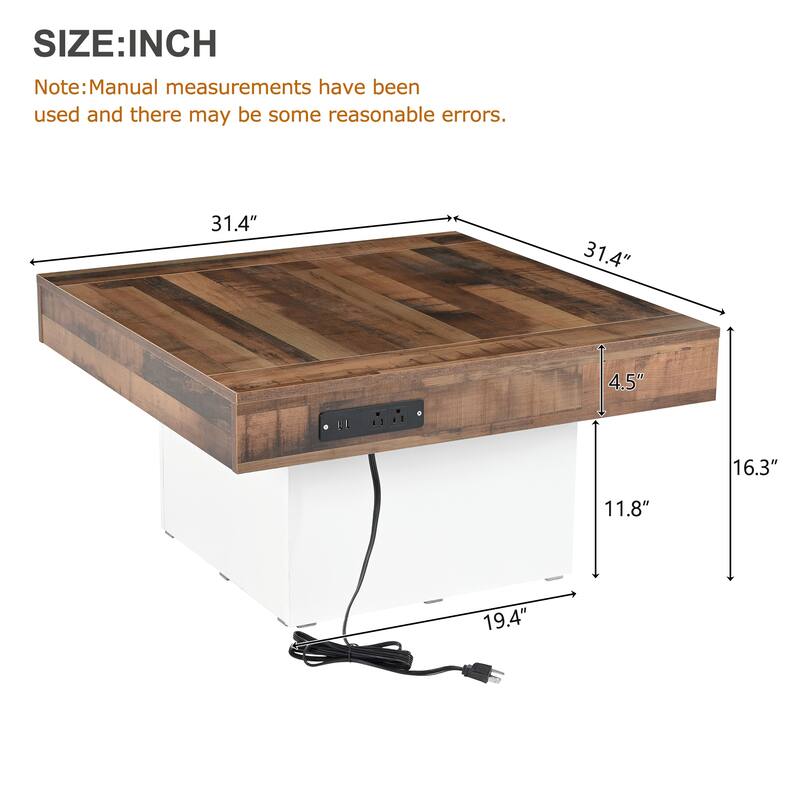 Farmhouse Coffee Table with 2 USB Ports and Outlets, Brown Spliced Wood Grain Center Table with LED Light