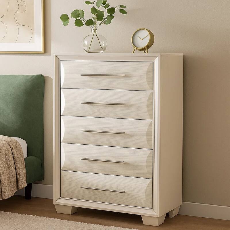 Nitz Tall Dresser Chest, 5 Drawers, White Solid Wood, Metal Handles