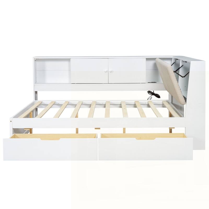 L-shaped Daybed Corner Bed with Storage Bookcase and USB Charging Ports