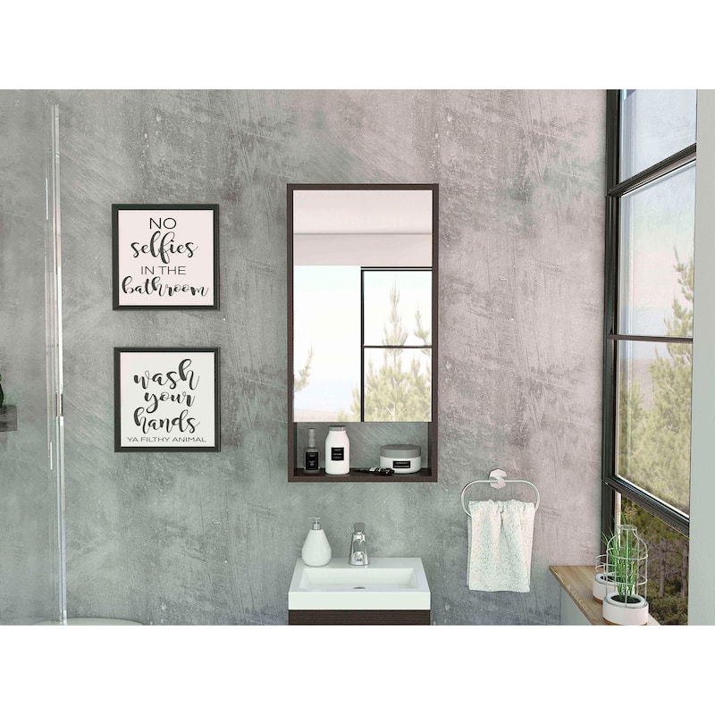 Medicine Cabinet - Large Mirror, Single Door, 2 Interior Shelves, 1 External Shelf, Wall-Mounted Storage - 17.9X5.6 in - Black + Particle Board