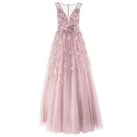 Basix Womens Pink Beaded Floral Sleeveless V Neck Full-Length Formal Dress 0
