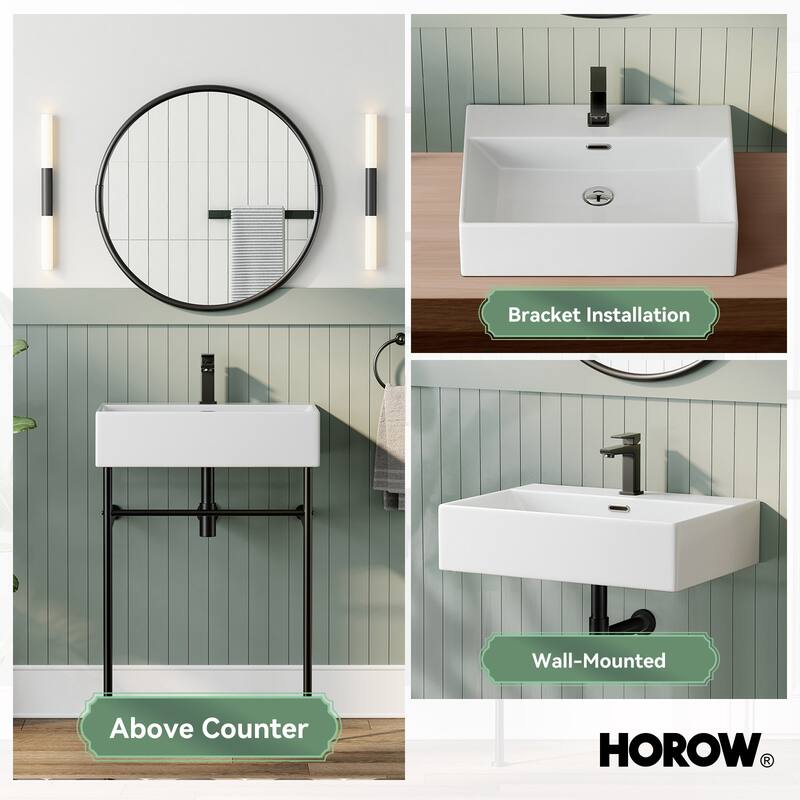 HOROW 24 in. Ceramic White Rectangular Bathroom Console Sink with Black Legs and Overflow
