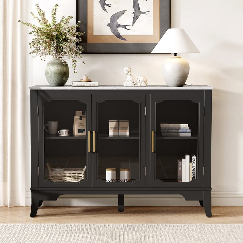 3-Doors Storage Cabinet with Large Storage Space for Living Room and Dining Room Storage - Black