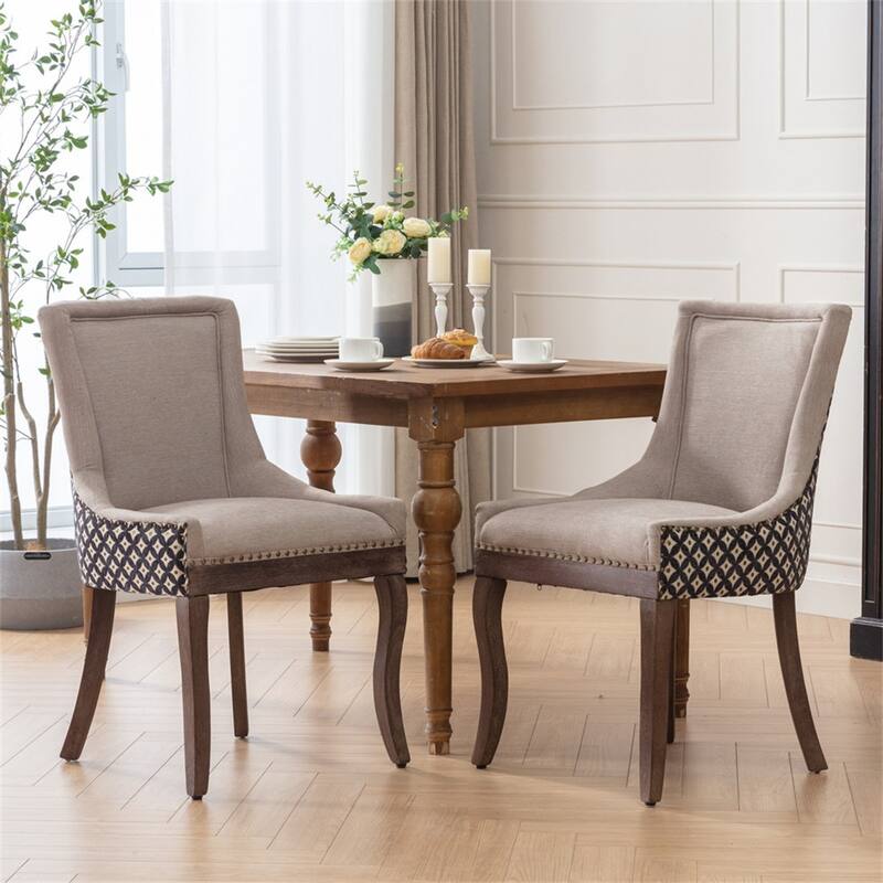 Set of 2 Patterned Upholstered Kitchen Dining Chairs with Wood Legs