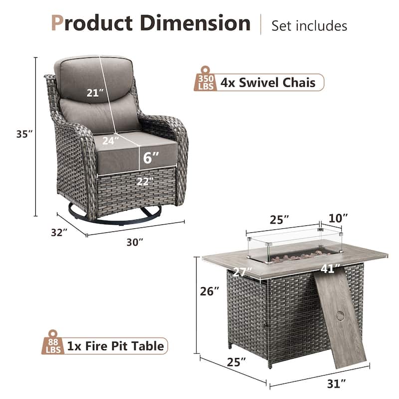 Pocassy Outdoor 6 Inch Sofa Swivel Chairs with Fire Pit Table Set