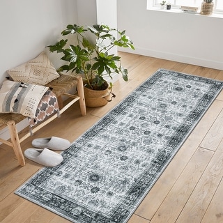 Area Rug Washable Printed Vintage Floral Non Slip Low Pile Rugs Soft Rubber Backed Rugs for Laundry Room