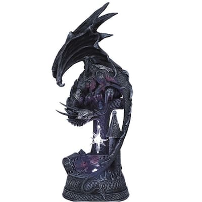 Q-Max 12"H LED Black Dragon Leaning on Castle Statue Fantasy Decoration Figurine