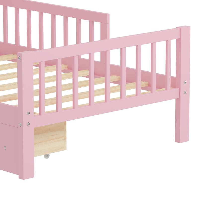 Safe Kids Bed Platform Bed Twin Size Wood Bed Frame with Storage Headboard and 2 Drawers Under, 3-Side Guardrails for Boys Girls