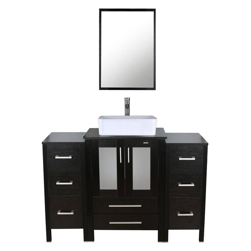 48" Bathroom Vanity Set Vessel Sink Mirror Faucet W/ Small Cabinet Combo - white ceramic rectangular sink - Black