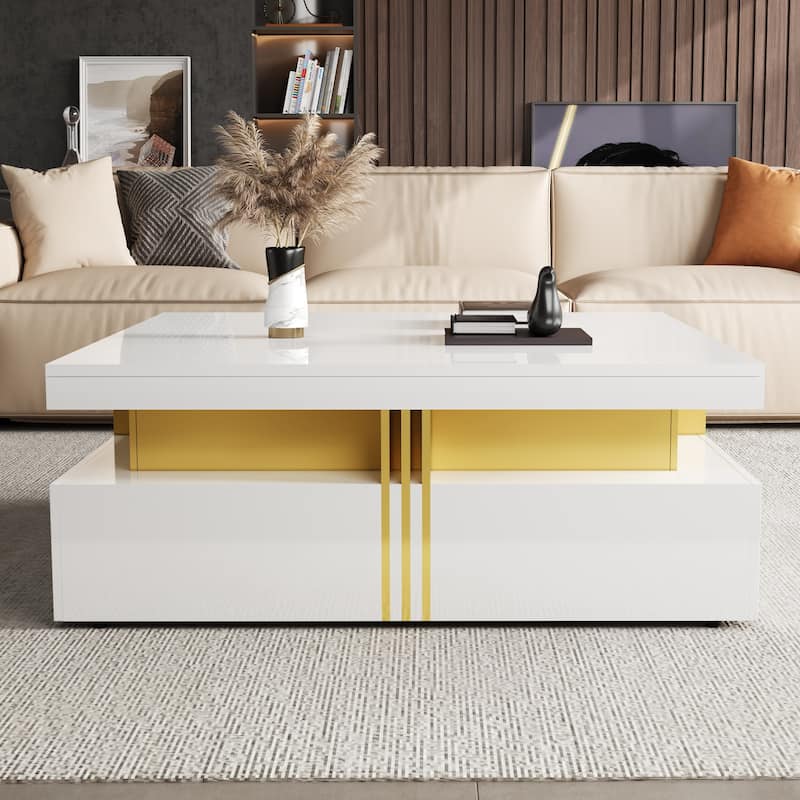43.3" Modern Glossy Square Storage Coffee Table with 4 Drawers