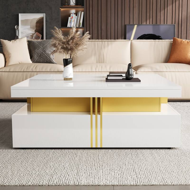 Modern Glossy Square Storage Coffee Table with Drawers