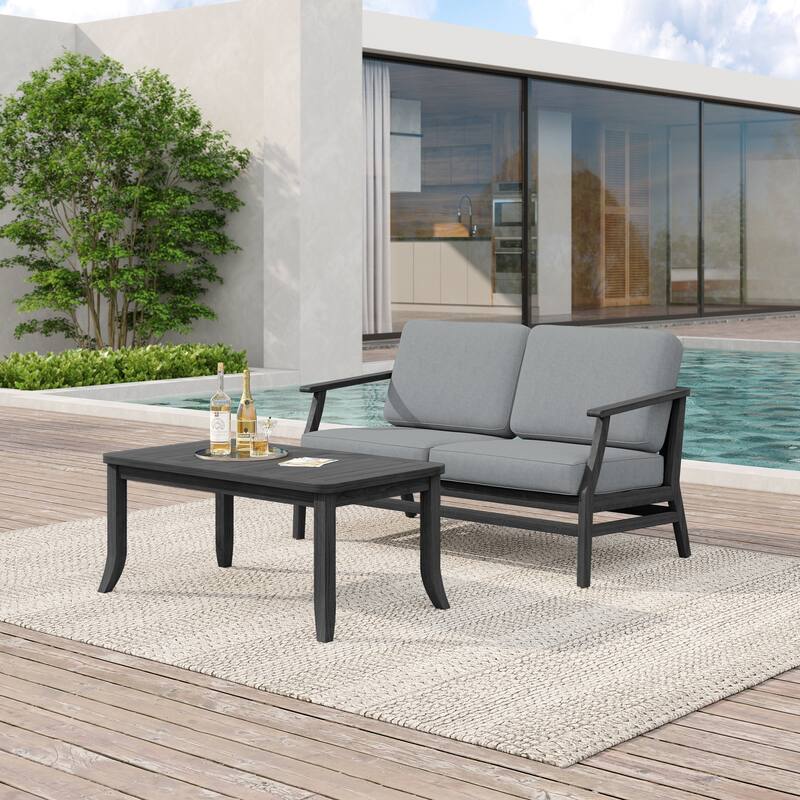 Teak Wood Patio Outdoor Loveseat Sofa and Coffee Table Set