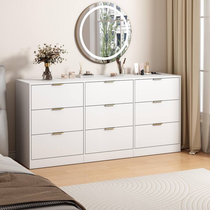 9 Drawer Dresser, 63" Large Deep Chest of Drawers, Wooden Dresser Storage Cabinet with 9 Drawers - White