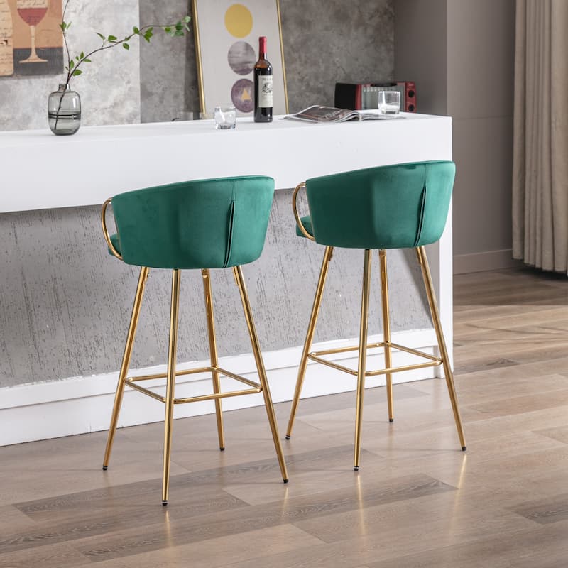 Set of 2 30" Bar Stools, Green Velvet with Chrome Footrest & Gold Legs