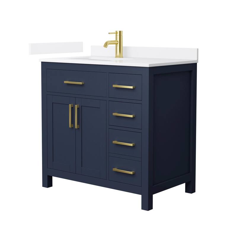 Wyndham Collection WCG2424-36S-QTZ-UNSMXX Beckett 36" Free Standing - Dark Blue / White Quartz Top / Brushed Gold