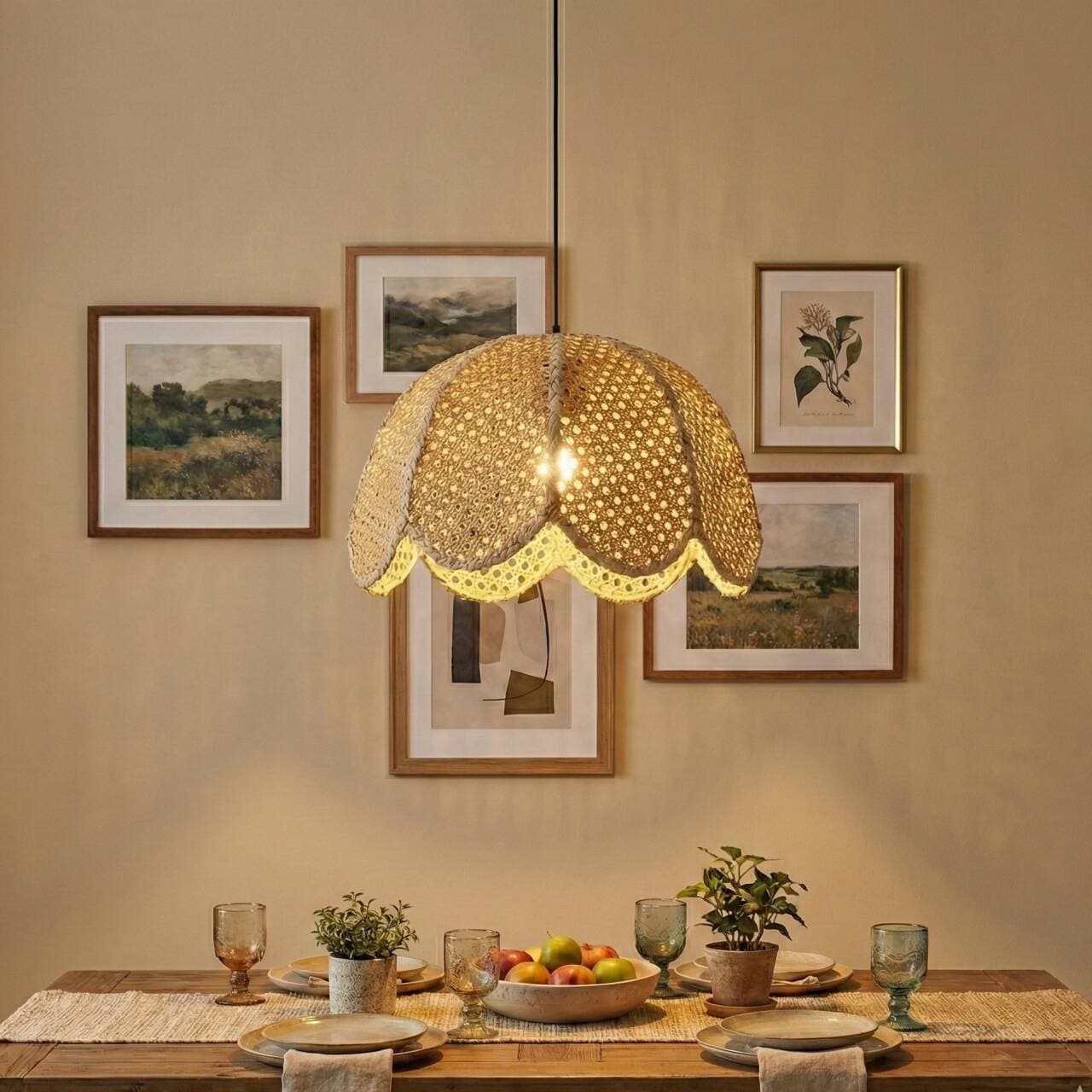 1-Light Farmhouse Flower Shaped Brown Hand-Woven Natural Rattan Hanging Pendant Light - 15.7" W x 55" H