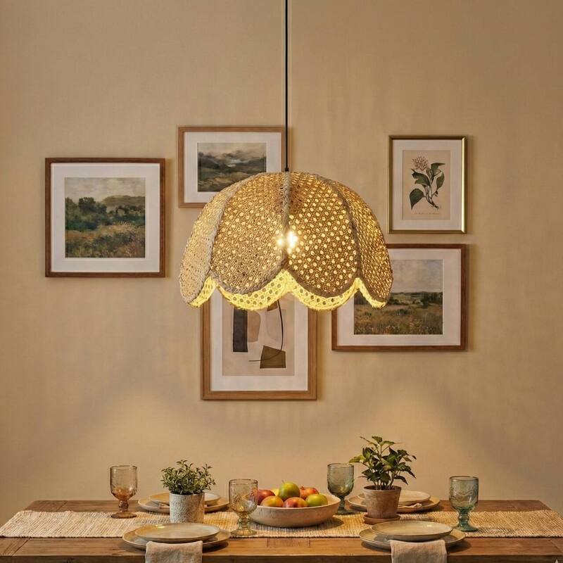 1-Light Farmhouse Flower Shaped Brown Hand-Woven Natural Rattan Hanging Pendant Light - 15.7" W x 55" H