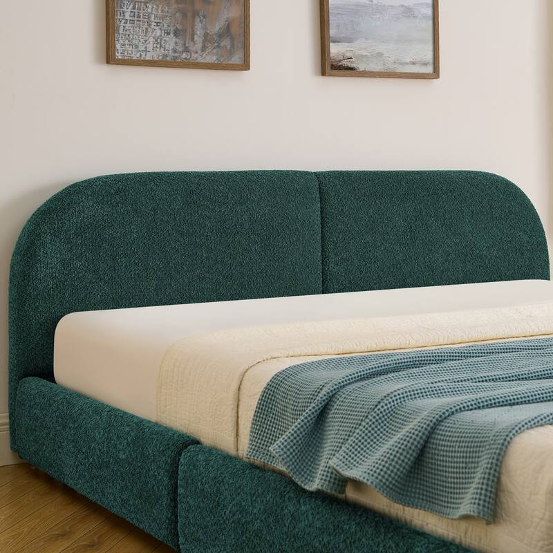 Fabric Upholstered Platform Bed Frame with Curved Headboard/4 Built-in Wheeled Storage Drawers/Sturdy Legs Support/Easy Assembly