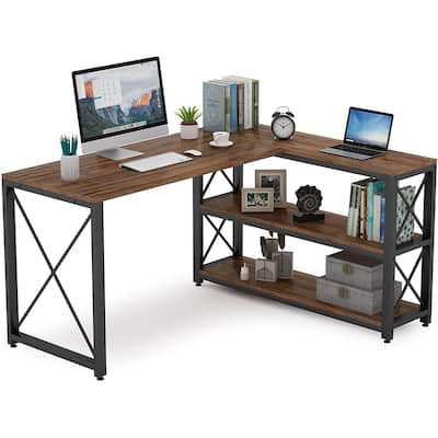 Tribesigns Reversible Industrial L-Shaped Desk with Storage Shelves, Corner Computer Desk for Home Office Small Space, Brown