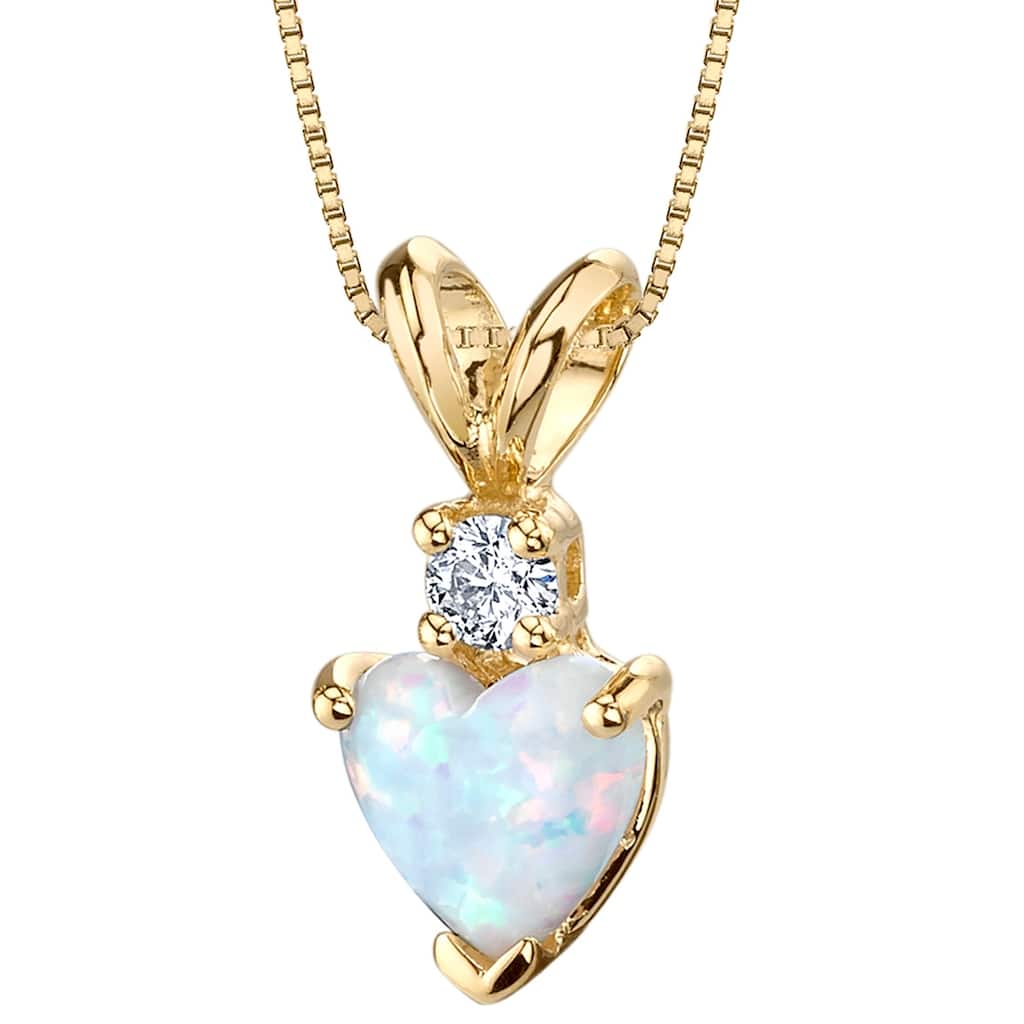 14k Yellow Gold Gold Heart Shape Created Opal Diamond Pendant