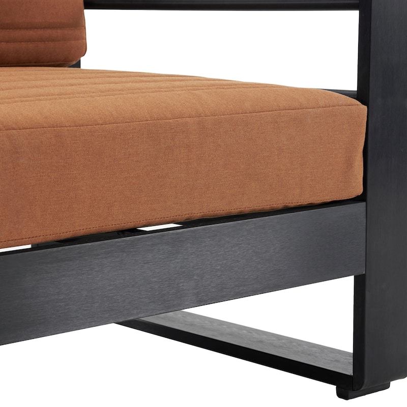 Roomfitters Modern Outdoor Club Chair with Slatted Metal Frame, Weather-Resistant Cushions and Wooden Armrests