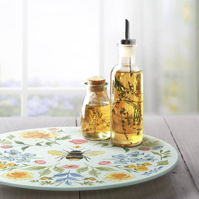 Floral Bee 4mm Heat Tolerant Tempered Glass Lazy Susan Turntable 13" Diameter Cake Plate Condiment Caddy Pizza Server