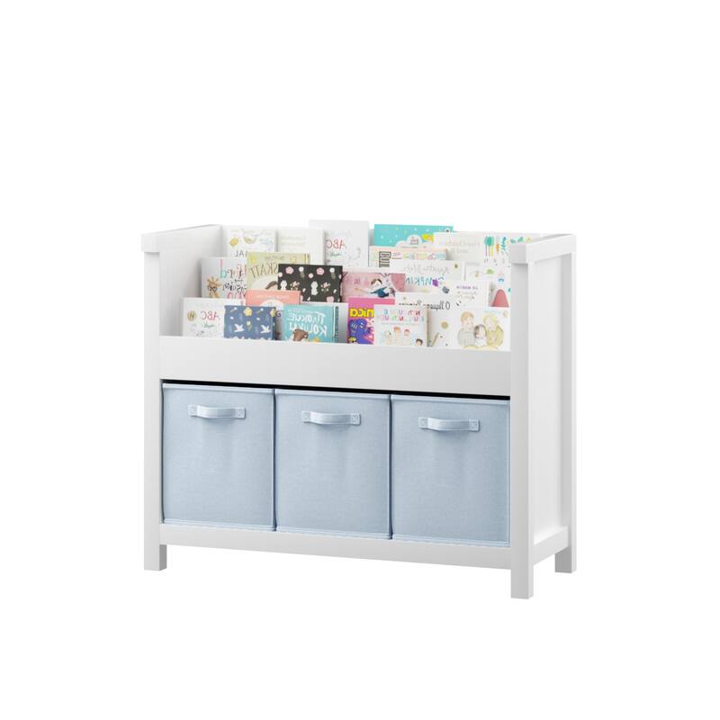 Anmytek White Kids Bookshelf with 3 Light Blue Fabric Bins - Wooden Book and Toy Storage Organizer with Tiered Display