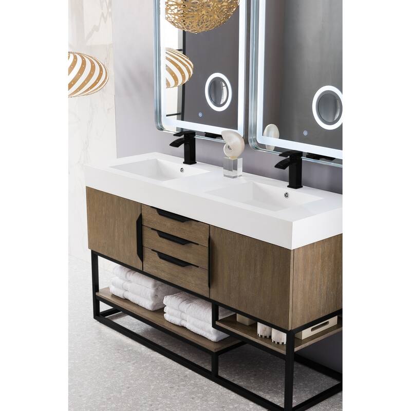 James Martin Vanities Columbia 59" Double Vanity, Latte Oak with Matte Black Hardware