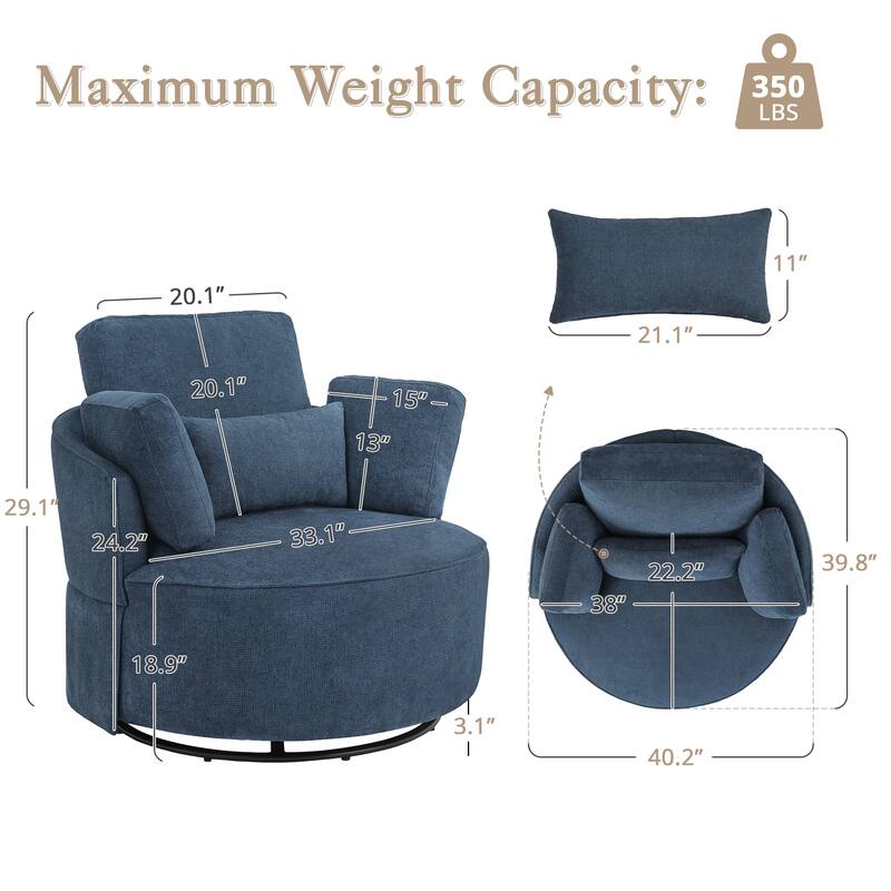 Upholstered Swivel Barrel Accent Chair Metal Frame with Flared Arms and Pillows