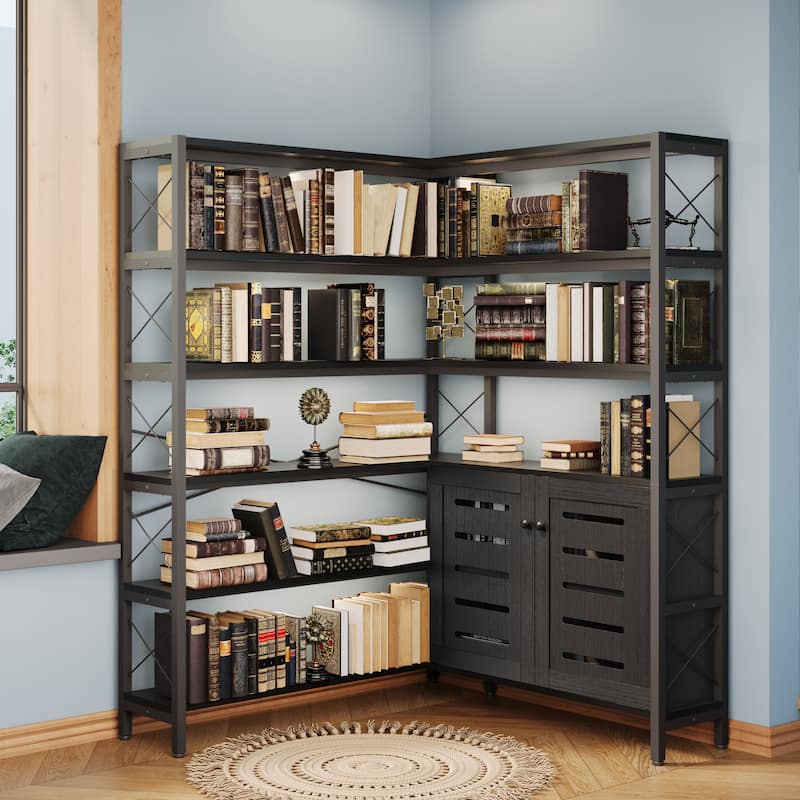 6-Shelf Corner Bookshelf, Vintage Industrial with Storage Cabinet, Large Bookcase Wooden - 6 Tier