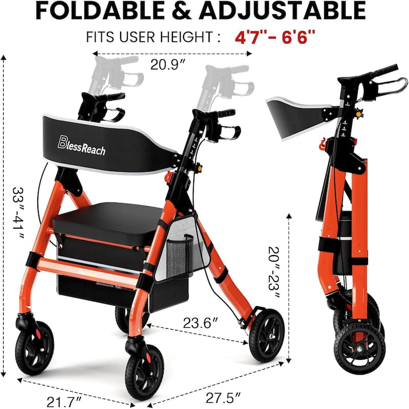 Foldable Rollator Walkers with Seat for Seniors, 450 lb Capacity, 8" Wheels, 18" Big Seat, 6-Position Adjustable Height
