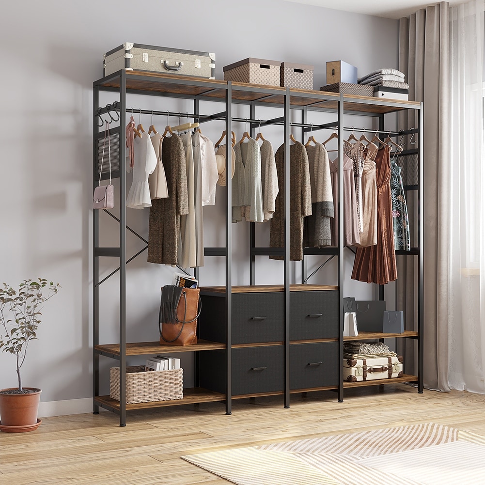 Free-Standing Closet Organizer with Shelves and Non-Woven Drawers - Black+Vingtage Walnut
