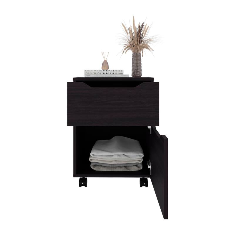 Black Modern Nightstand with Two Drawers and Rolling Design