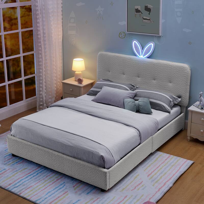 Kids Boucle Upholstered Bed with Rabbit Ear Headboard, LED Music Sync & 4 Drawers
