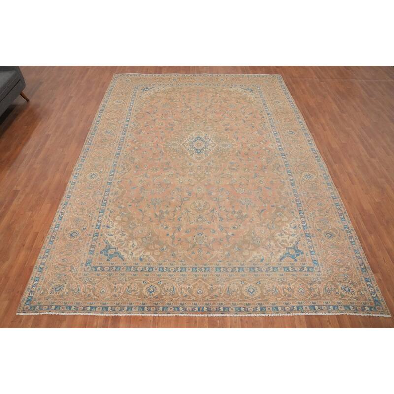 Hand Knotted Oriental 100% Wool Carpet Traditional Floral Pink Mashad Area Rug - 13' 1'' X 9' 8''