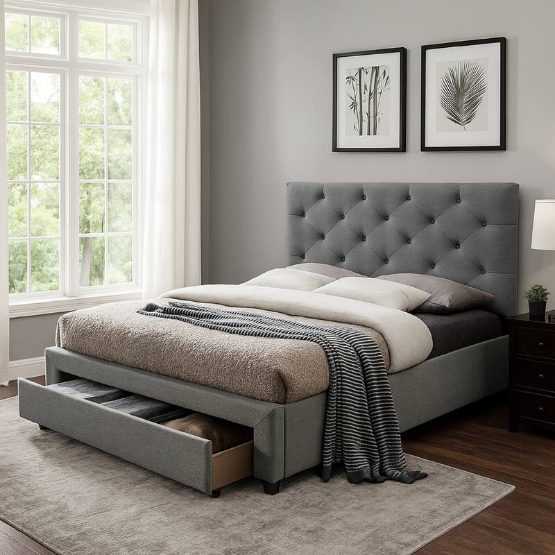 Sya California King Size Bed, Tufted Headboard, Hidden Storage, Gray