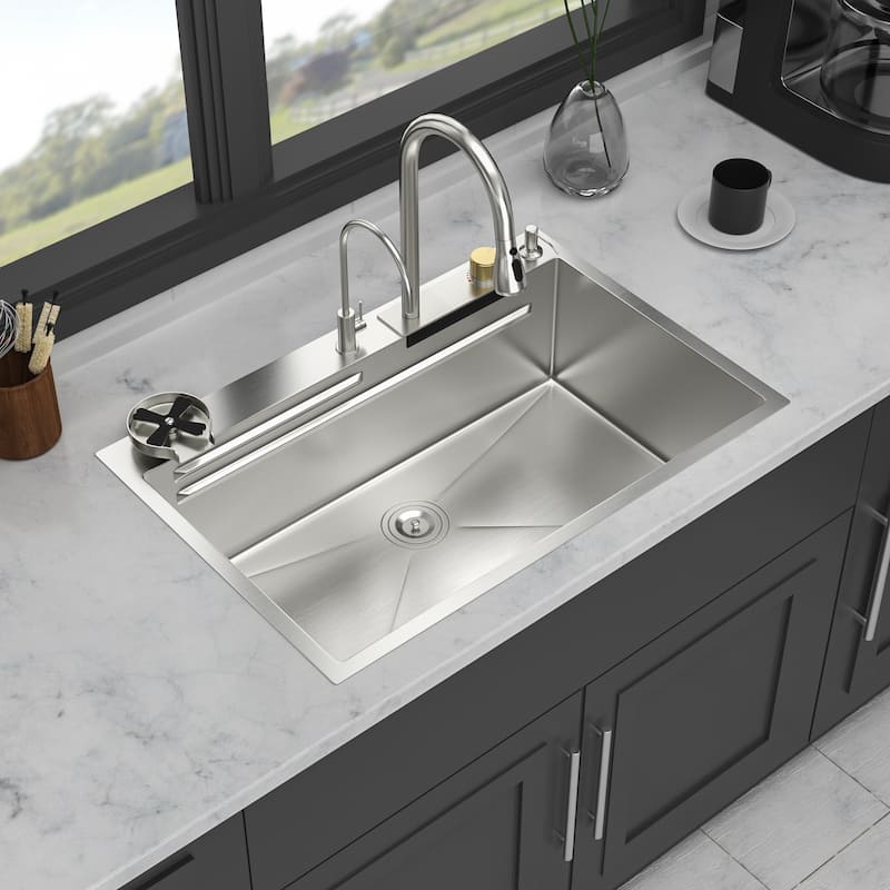33" Drop in Single Bowl Workstation Kitchen Sink with Pull-Out Faucet and Cup Washer